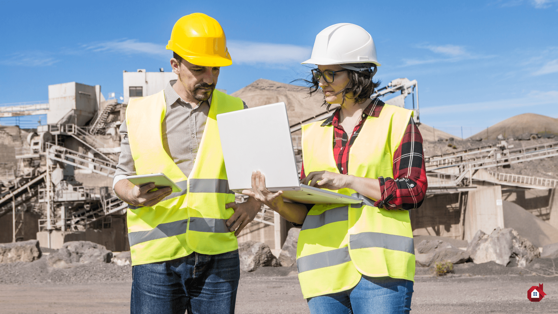 un homme et une femme devant un ordinateur sur un chantier de construction&nbsp;&nbsp;