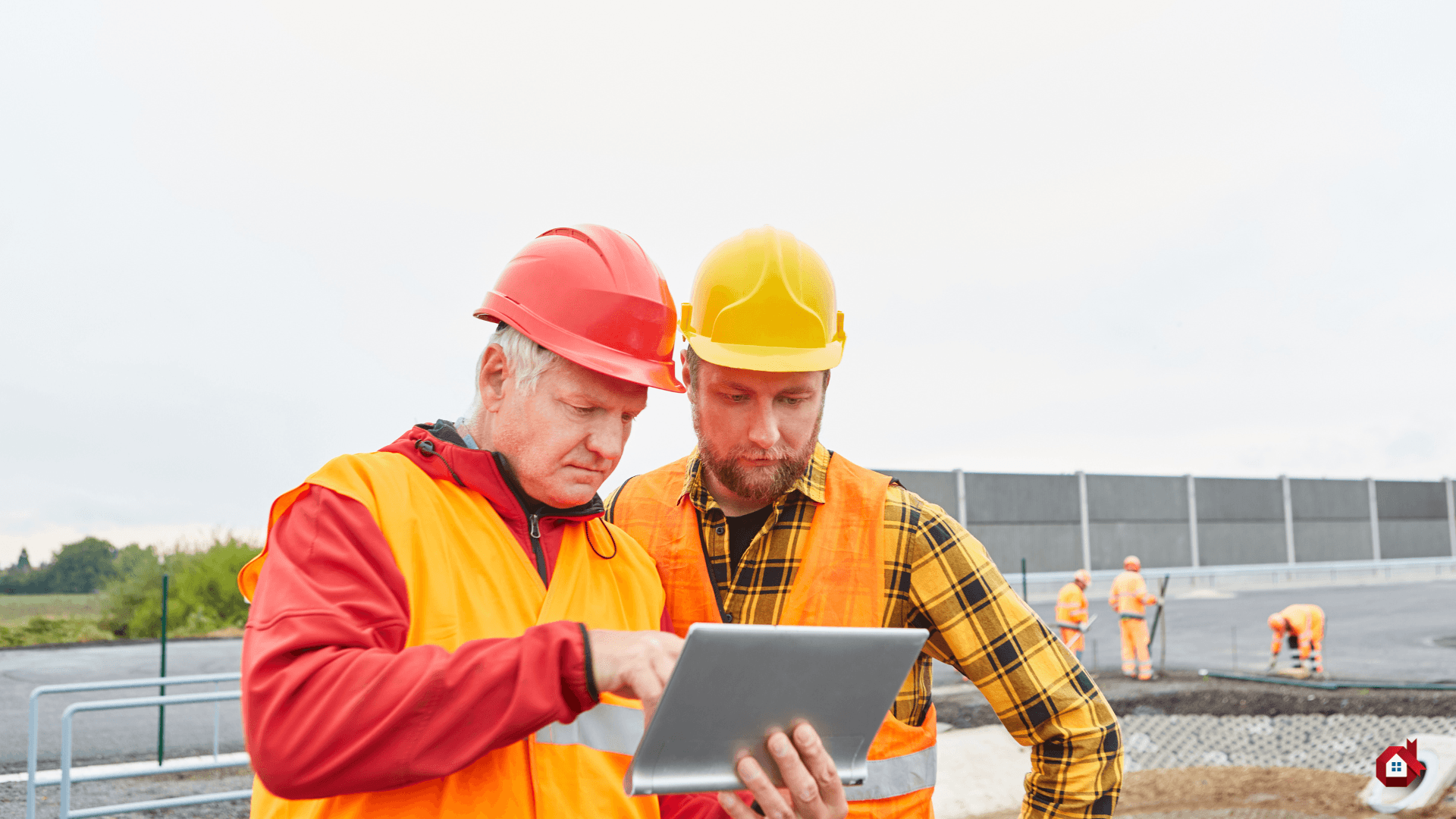 deux hommes devant un ordinateur sur un chantier de construction&nbsp;&nbsp;