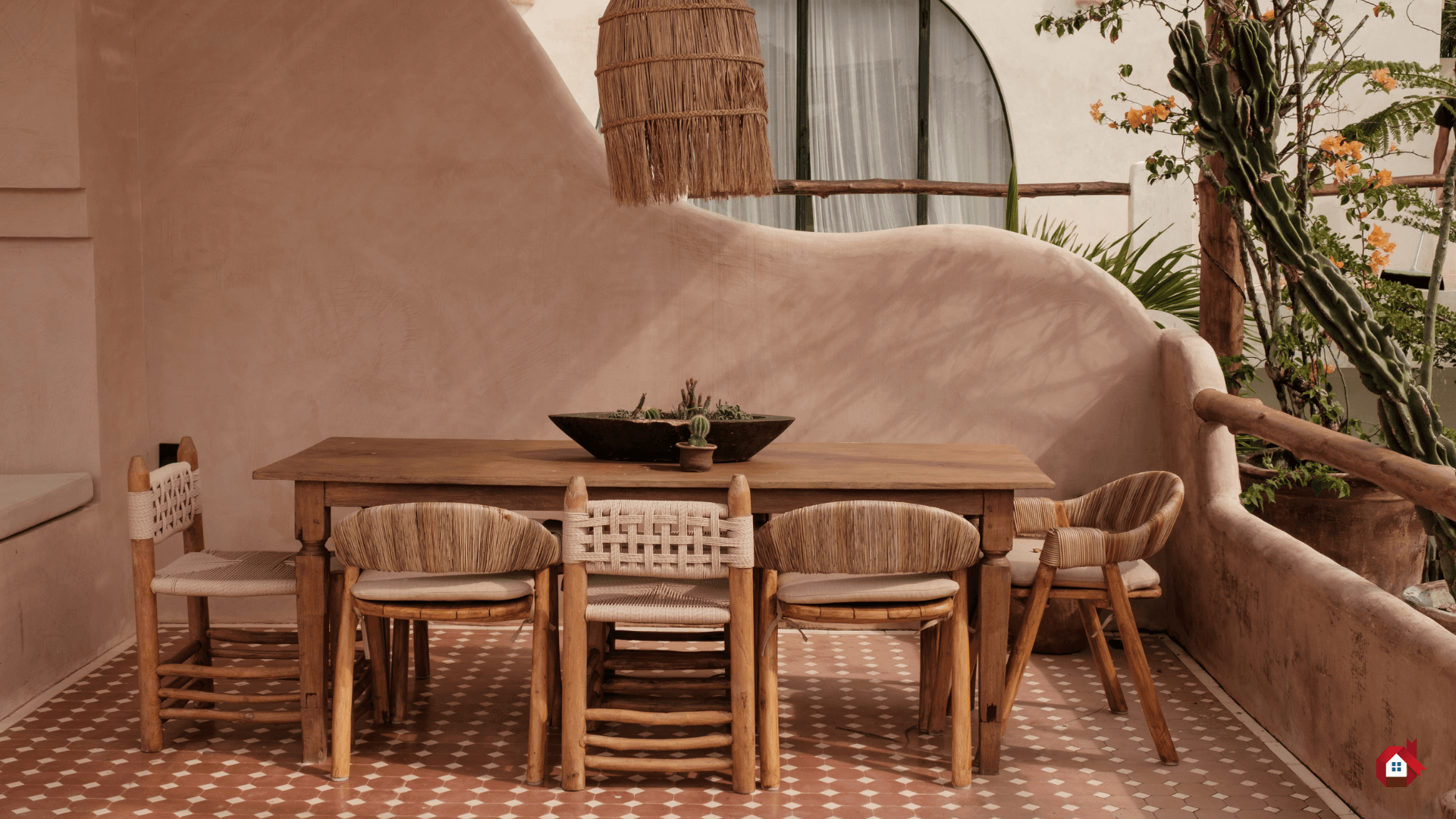 coin repas a l'extérieur avec chaises en bois et mur en béton ciré&nbsp;&nbsp;